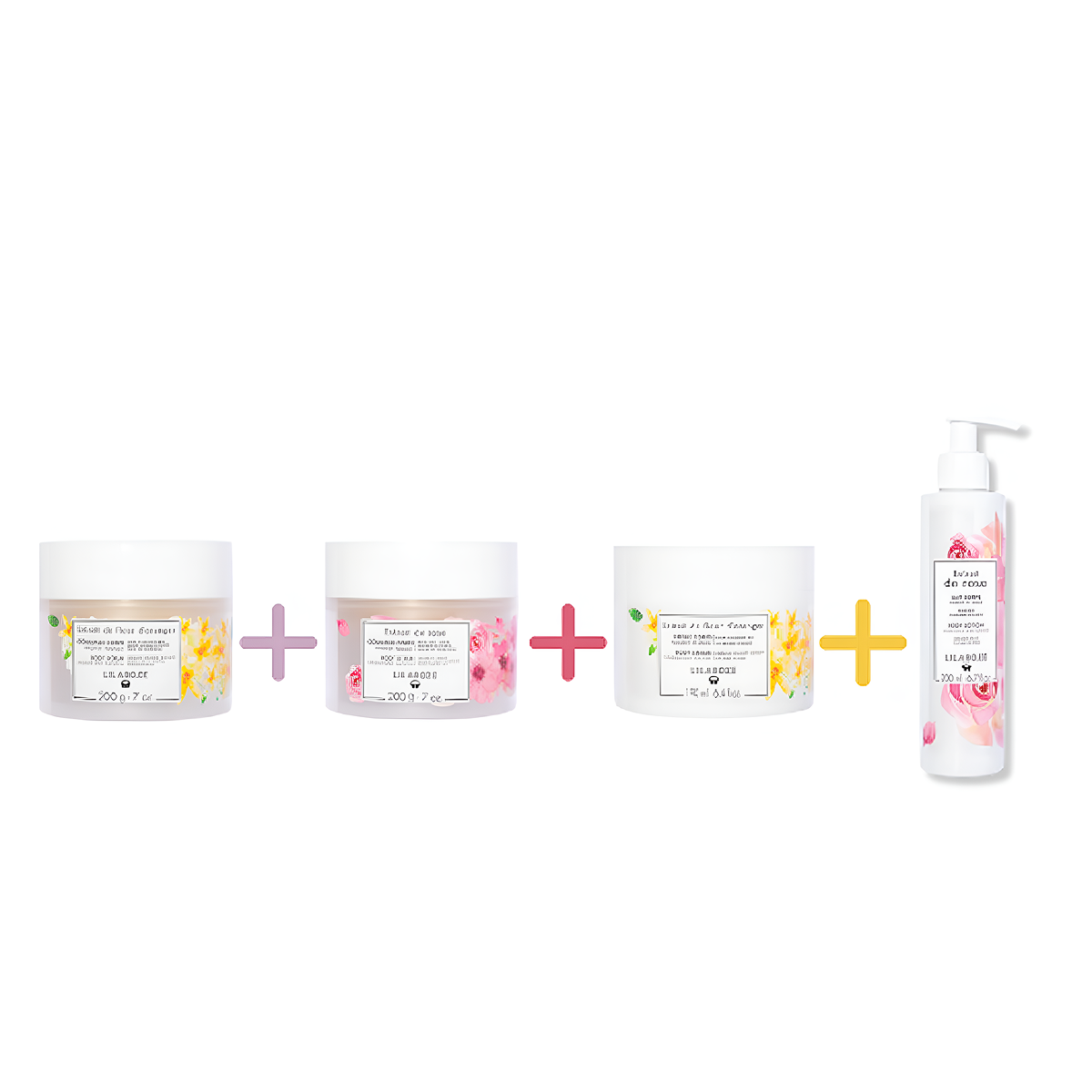 Lilaroze Paris - Pack Exfoliante Cuerpo Extracto de fleurs D'oranger + Exfoliante Cuerpo Extracto de rose + Crema Cuerpo Extracto de fleur d'Oranger + Lait Cuerpo Extracto de rose