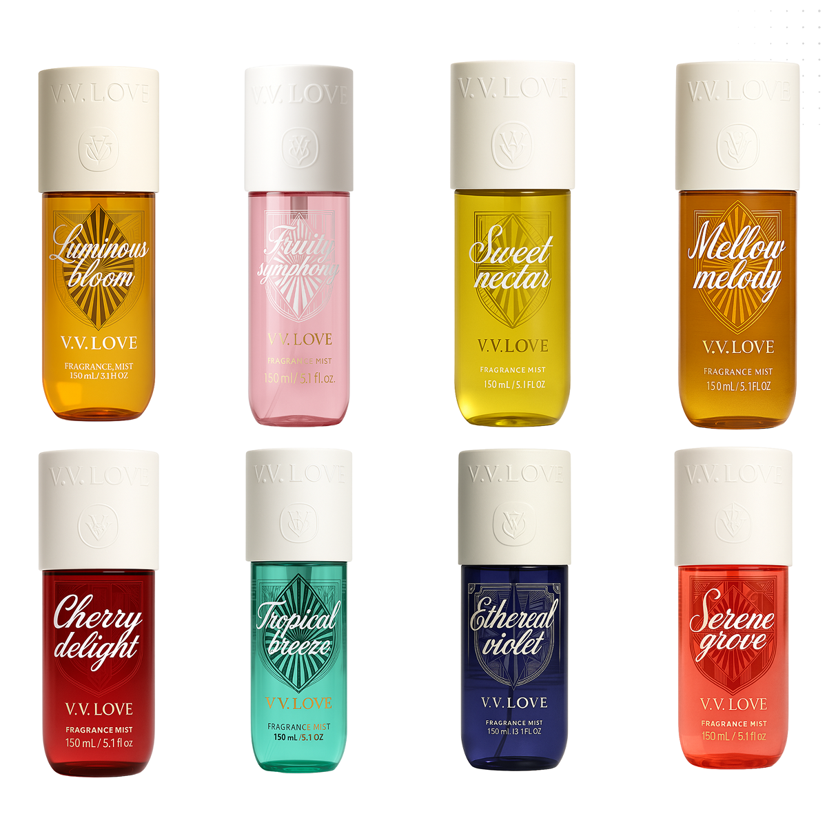 VV love - Pack Luminous Bloom + Fruity Symphony + Sweet Nectar + Mellow Melody + Cherry Delight + Tropical Breeze + Ethereal Violet + Serene Grove - Body Mist para Mujer