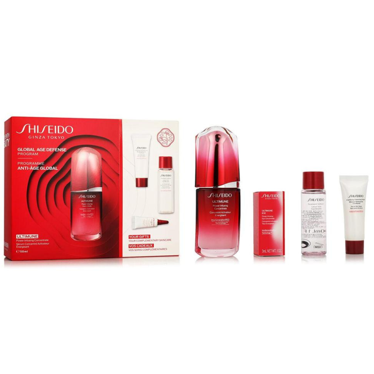 50ml+15ml+30ml+3ml Shiseido - Programme Anti-Âge Global - Coffret Concentré Activateur Énergisant Ultimune 50 Ml
+ Mousse Nettoyante Clarifiante 15 Ml
+Lotion Soin Équilibrante 30 Ml
+ Concentré Activateur Yeux Énergisant Ultimune 3 ml