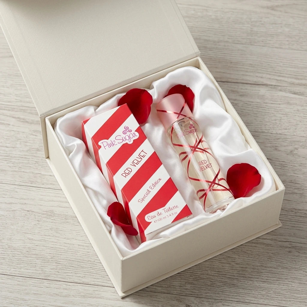 Angle : Vue de trois-quarts haut. Scène : La boîte de l'image image_7b5eae.jpg est délicatement posée dans un coffret cadeau e-commerce premium ouvert, entourée de papier de soie blanc froissé. Quelques pétales de roses rouges sont glissés dans le papier de soie à côté du carton pour une ambiance romantique de déballage. Fond : Une table en bois blanchi ou une surface neutre gris clair. (gemini-3.1-flash-image-preview)