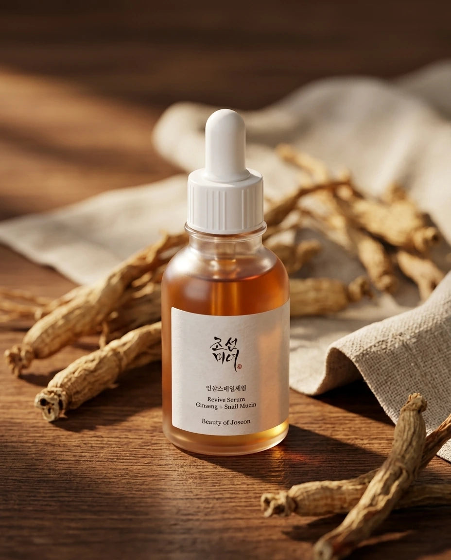 L'Angle : Vue en contre-plongée légère (low angle) pour donner de l'importance au produit. Le Fond : Une table en bois de cèdre foncé, entourée de racines de ginseng séchées et d'un tissu en lin brut beige. Le Prompt : > Commercial product photography of a Beauty of Joseon amber glass serum bottle. The bottle is standing on a dark, rustic wooden table. In the blurred background, raw ginseng roots and a piece of textured beige linen fabric. Warm, soft morning light coming from the side, casting gentle shad