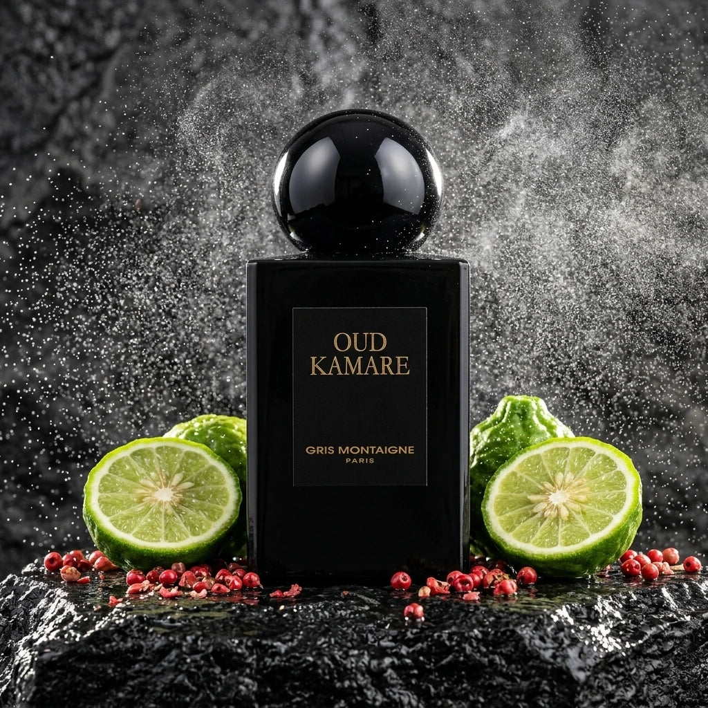 Angle : Plan macro rapproché, centré sur le flacon et les ingrédients de tête. Fond : Une roche de granit sombre et brute, légèrement texturée. Le Prompt à copier : Photographie de produit publicitaire haut de gamme. Un flacon de parfum rectangulaire noir mat avec un bouchon rond noir brillant, portant l'inscription dorée "OUD KAMARE". Le flacon trône seul au centre sur une pierre volcanique noire mouillée. Autour de sa base, des demi-limes kaffir (bergamote) fraîches et juteuses et des baies roses conca