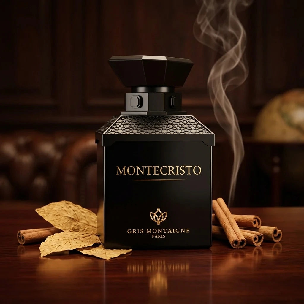 Un plan moyen net et rigoureusement frontal du flacon de parfum noir image_26.png posé à la verticale sur une table basse en acajou sombre vernie. À la base du flacon, quelques feuilles de tabac blond séchées et des bâtons de cannelle sont disposés de manière asymétrique. Une fine volute de fumée réaliste et sinueuse s'élève en arrière-plan. La lumière de studio est chaude et ciblée, venant faire briller l'inscription dorée 'MONTECRISTO' de image_26.png au milieu d'une ambiance feutrée de club privé. Style
