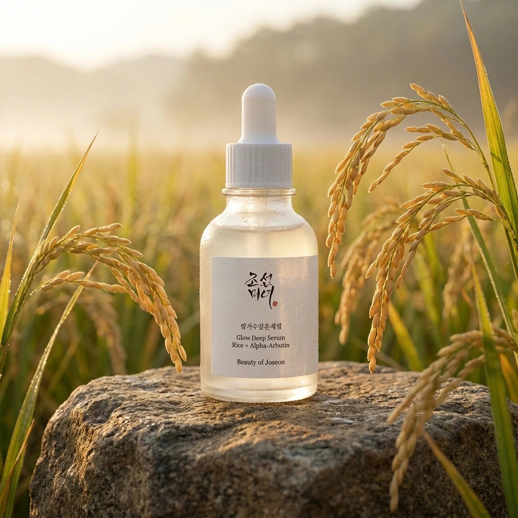Angle : Face Le flacon Beauty of Joseon Glow Deep Serum – Rice + Alpha-Arbutin posé sur une pierre naturelle au bord d'un champ de riz baigné par la lumière du lever du soleil. Quelques épis de riz entourent le produit. L'arrière-plan est légèrement flou avec une douce brume matinale. Photographie publicitaire ultra réaliste, ambiance apaisante et premium. (gemini-3-pro-image-preview)