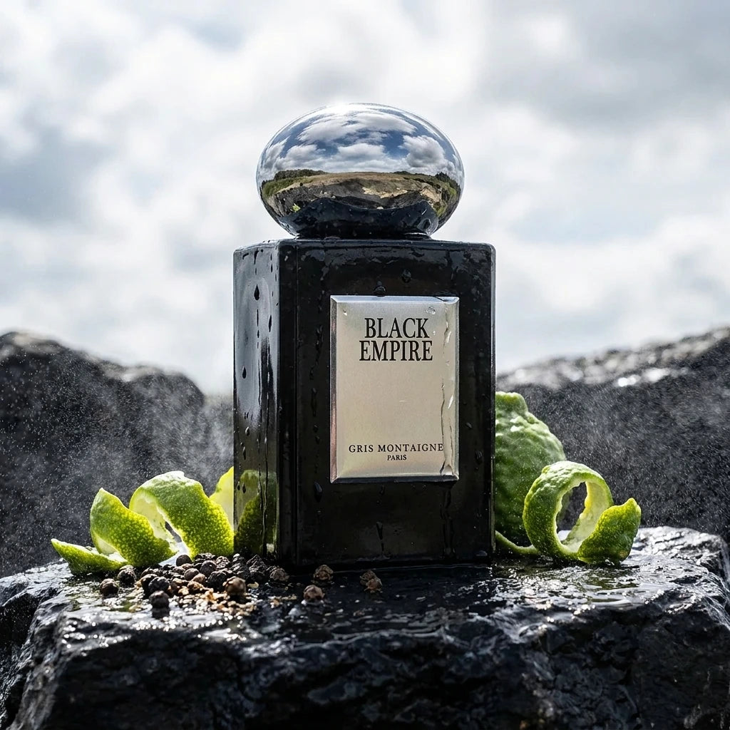 Concept de shooting : Un décor islandais brut où la roche volcanique rencontre la fraîcheur de l'eau pure. Le Prompt à copier : Une photographie de shooting e-commerce haut de gamme en extérieur. Au centre, le flacon de parfum noir laqué brillant "BLACK EMPIRE" avec son bouchon chromé effet miroir argenté. Le flacon est posé de manière stable sur un rocher de basalte noir brut, texturé et ruisselant d'eau. Autour de sa base, des écorces de bergamote fraîchement pressées et des baies de poivre noir concass