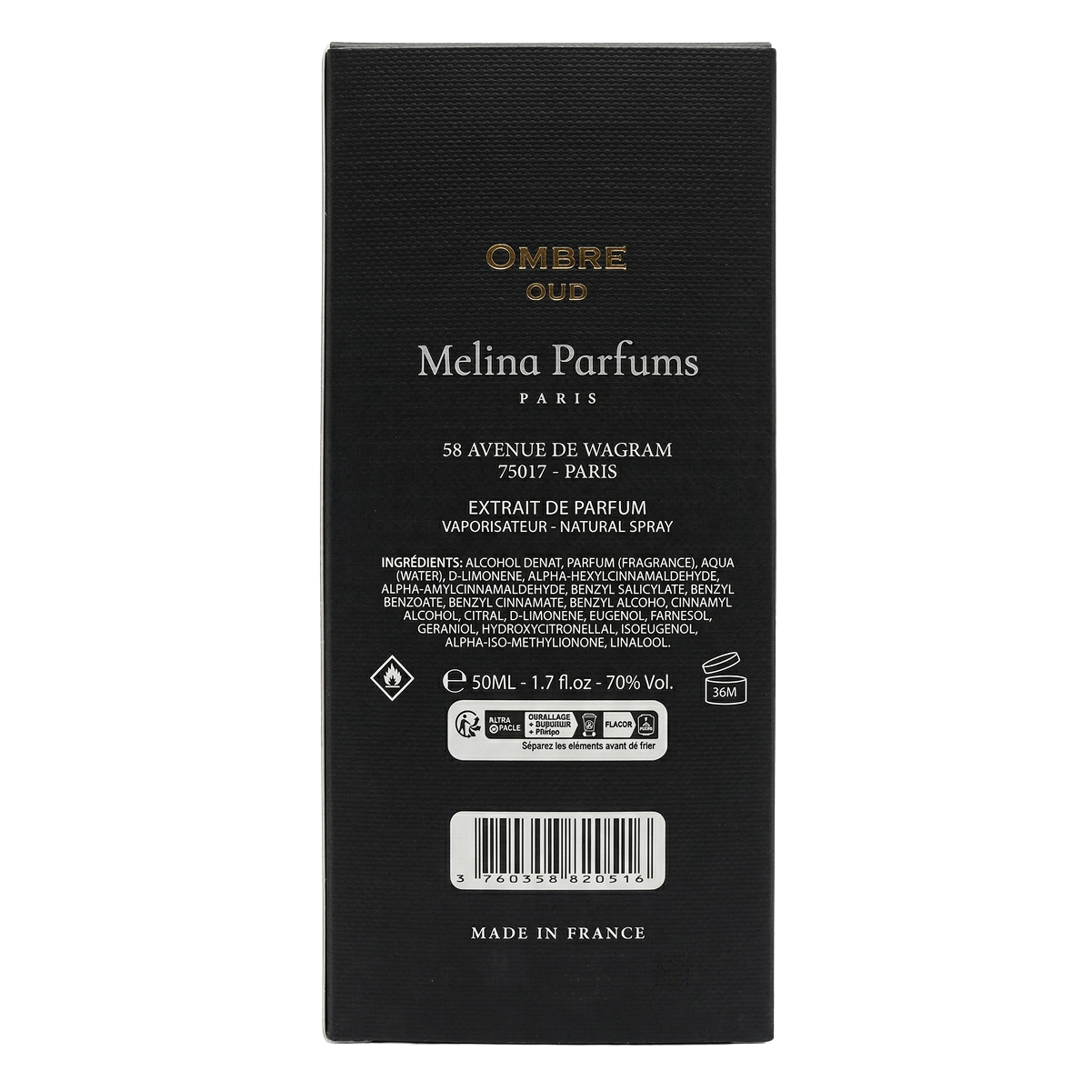 50ml Melina Parfums - Ombre Oud Édition L’Obsidienne - Extrait de Parfum Mixte