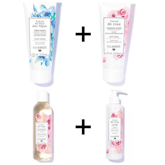 Lilaroze Paris - Pack Loción Corporal Extracto de Rosas + Agua Micelar Extracto de Rosas + Crema de Manos Extracto de Flores de Alpino + Mascarilla Facial Extracto de Rosas