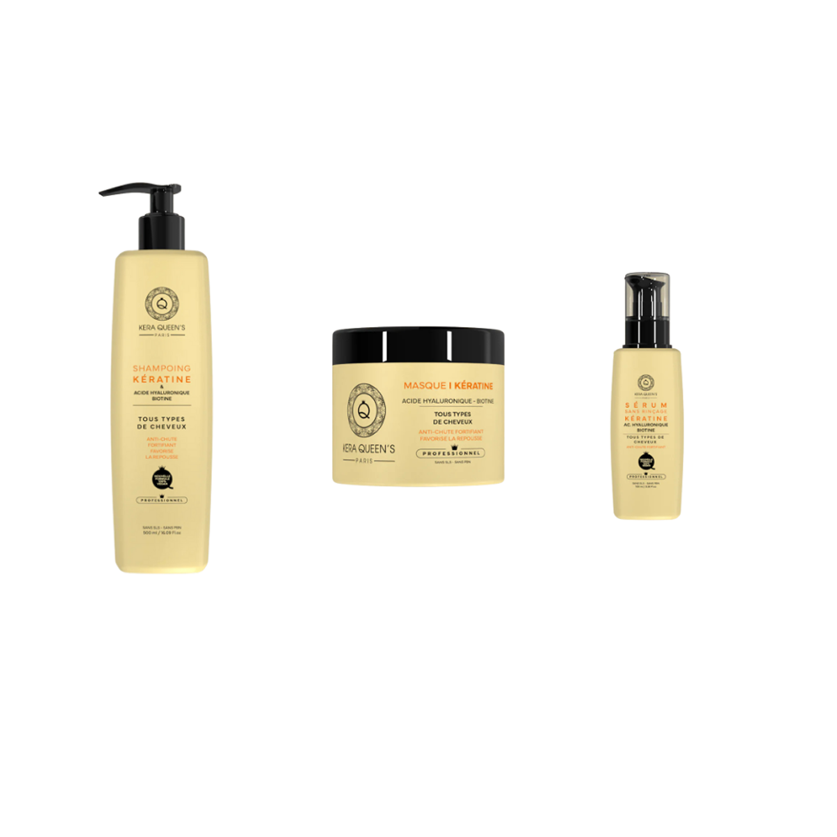 Kera Queen's - Trio  Kératine Acide Hyaluronique-Biotine - Shampoing 500ml + Masque 500ml + Sérum 100ml