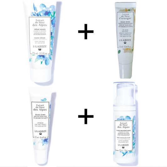 Lilaroze Paris - Pack Crema de Manos Extracto de fleur des Alpes + Fluide Premieres Rides Extracto de fleur des Alpes + Bálsamo Labial Extracto de fleur des Alpes + Bálsamo Labial Extracto de fleur d'Oranger
