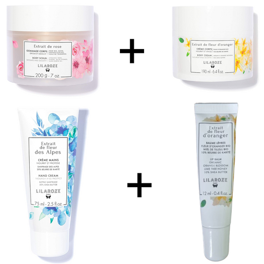 Lilaroze Paris - Pack Crema Cuerpo Extracto de fleur d'Oranger + Bálsamo Labial Extracto de fleur d'oranger + Crema de Manos Extracto de fleur des Alpes + Exfoliante Cuerpo Extracto de rose