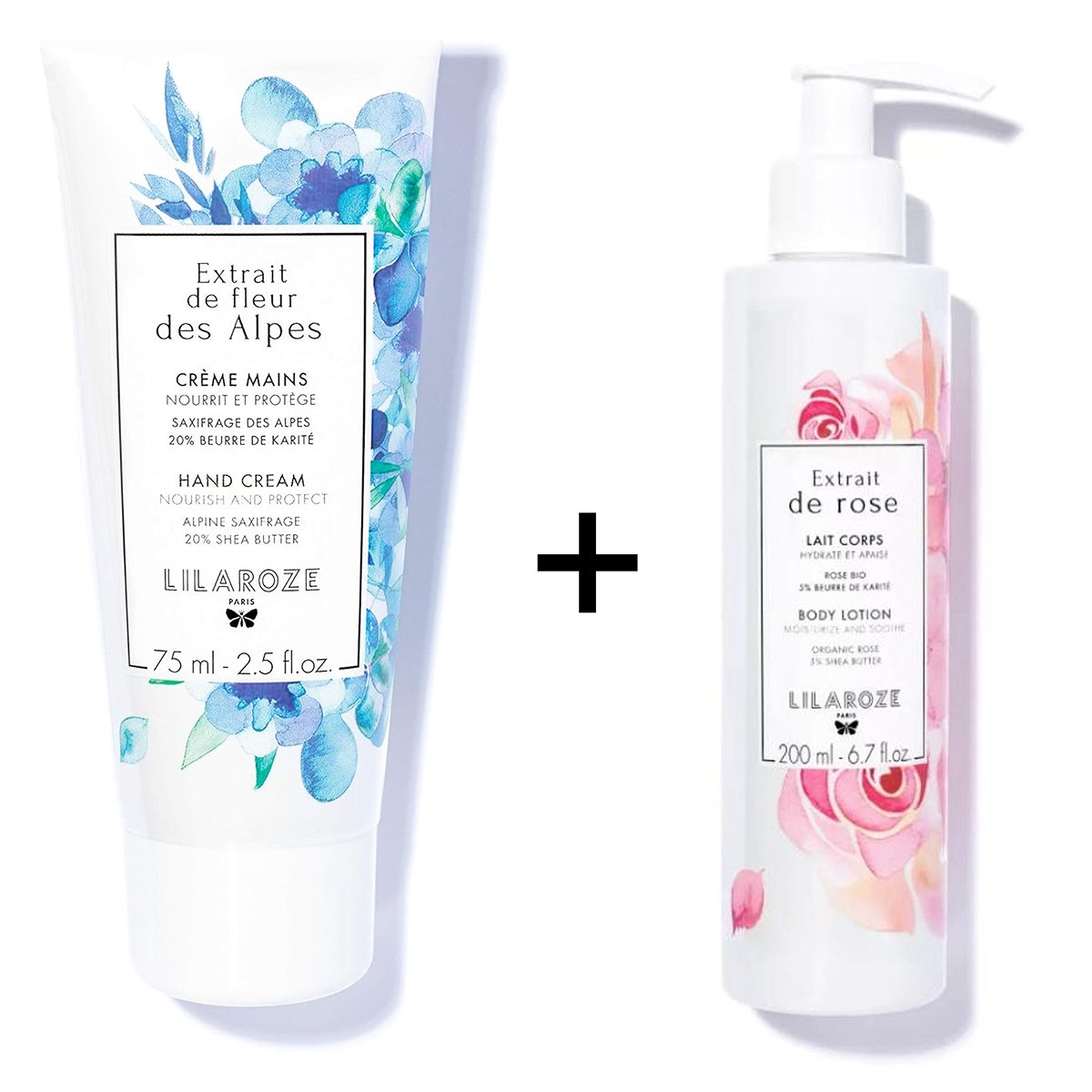 Lilaroze Paris - Crema de Manos Extracto de Fleur Des Alpes Nourrit et Protège + Lait Cuerpo Extracto de Rose Hydrate et Apaise beurre de karité