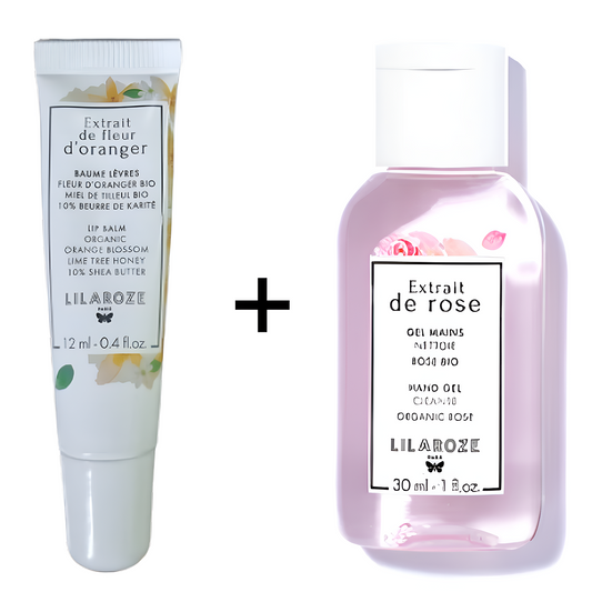 Lilaroze Paris - Pack Bálsamo Labial Extracto de Fleur D'oranger Beurre de Karité + Gel de Manos Limpiador Extracto de Rose
