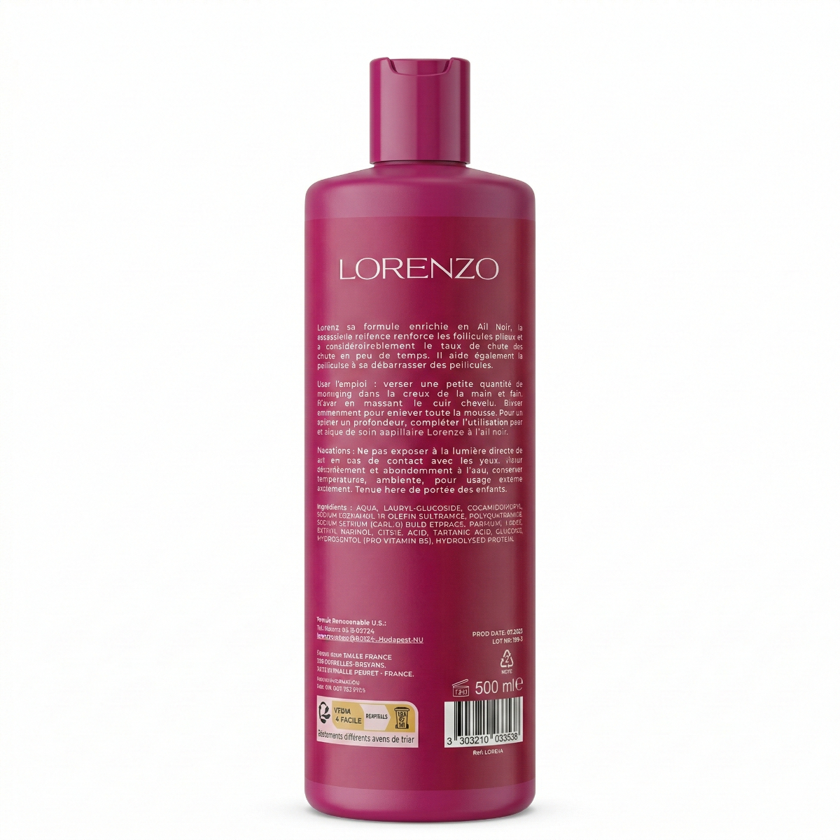 500 ml Lorenzo Professional - Shampooing a l'Ail Noir Sans Sulfate Cheveux Cassants