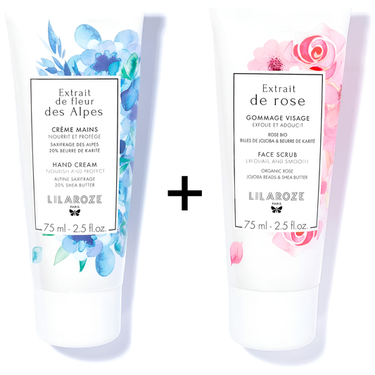 Lilaroze Paris - Crema de Manos Nutritiva y Protectora + Exfoliante Facial Extracto de Rosa Exfolia y Suaviza Pack
