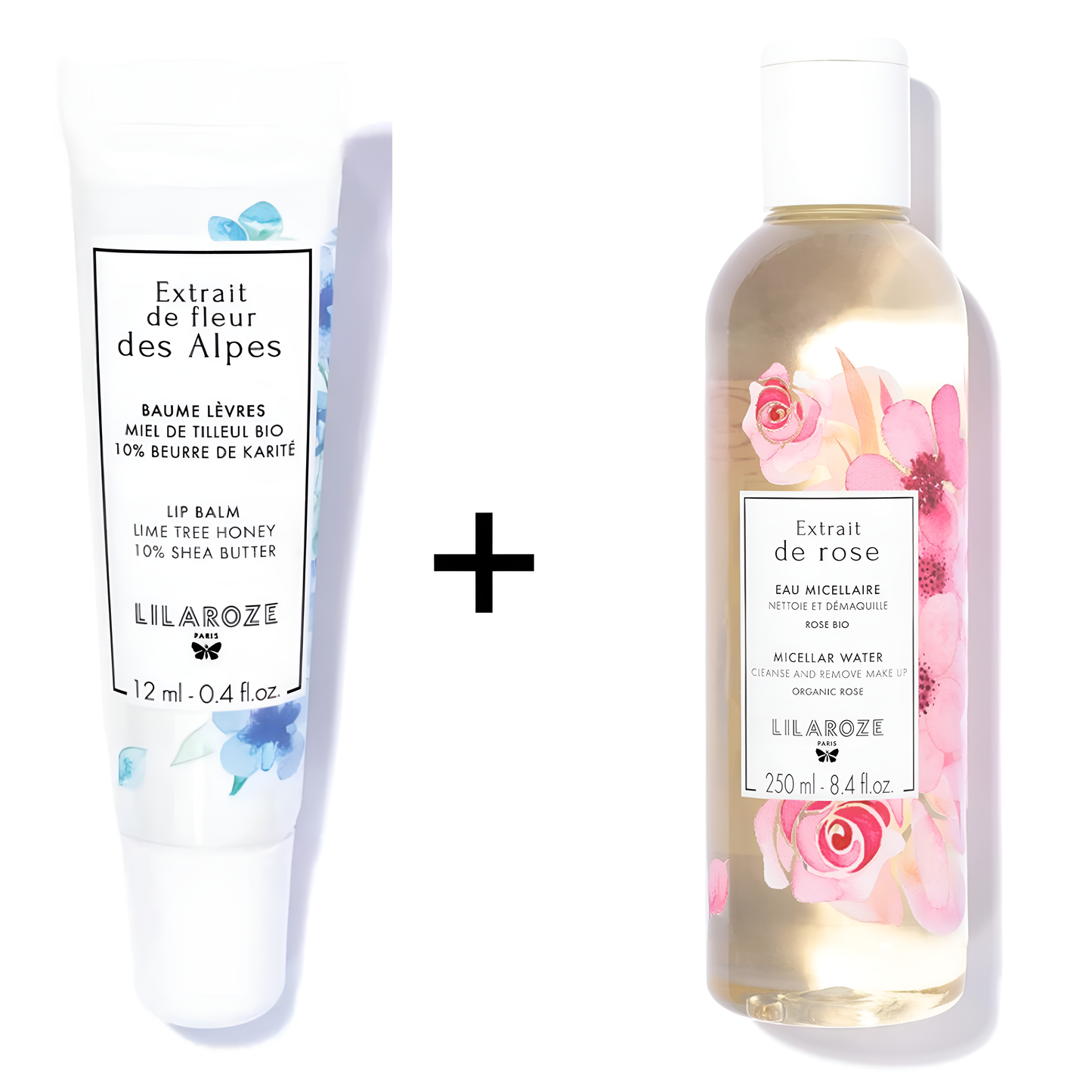 Lilaroze Paris - Bálsamo Labial Extracto de Tila BIO + Agua Micelar Limpiadora y Desmaquillante Extracto de Rosa BIO