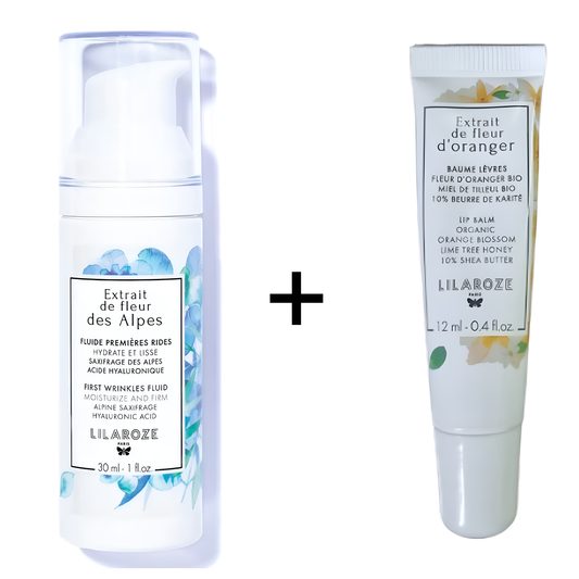 Lilaroze Paris - Pack Primer Fluido Antiarrugas Extracto de Flor de los Alpes Hidrata y Alisa Ácido Hialurónico + Bálsamo Labial Extracto de Flor de Azahar Manteca de Karité