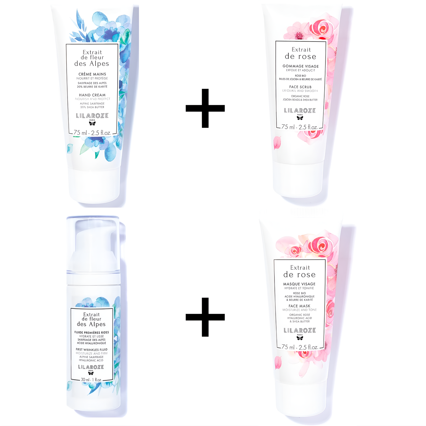 Lilaroze Paris - Crema de Manos con Extracto de Flores de Alpino + Exfoliante Facial con Extracto de Flores de Alpino + Fluido Primeras Arrugas con Extracto de Flores de Alpino + Pack Mascarilla Facial con Extracto de Flores de Alpino