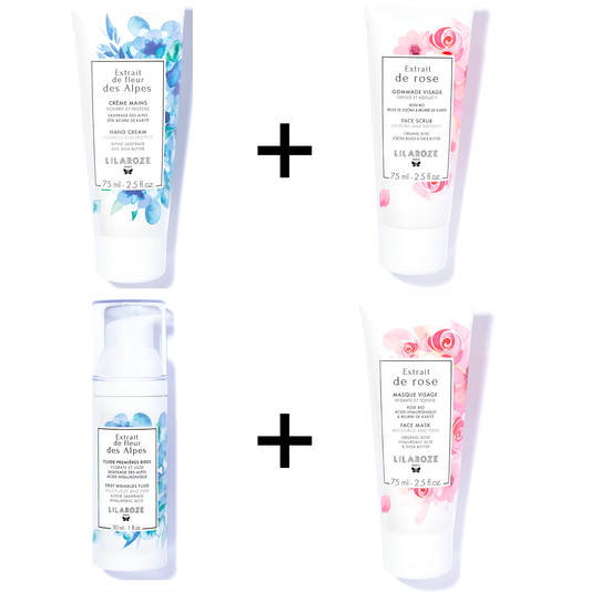 Lilaroze Paris - Crema de Manos con Extracto de Flores de Alpino + Exfoliante Facial con Extracto de Flores de Alpino + Fluido Primeras Arrugas con Extracto de Flores de Alpino + Pack Mascarilla Facial con Extracto de Flores de Alpino