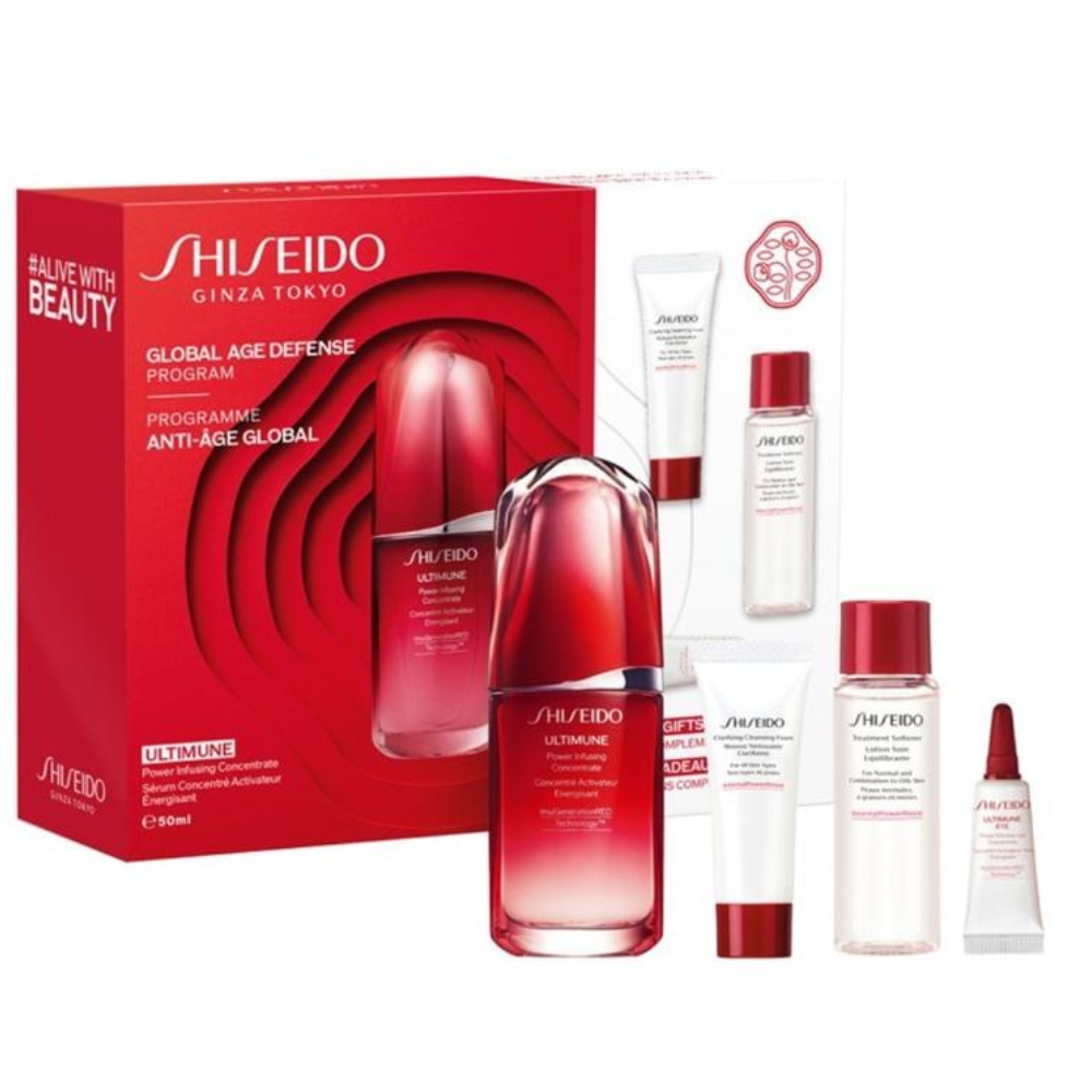 Shiseido - Programa Global Antiedad - Set Concentrado Activador Energizante Ultimune 50 Ml
 +Espuma Limpiadora Clarificante 15 Ml
 +Loción Cuidado Equilibrante 30 Ml
 + Ultimune Energising Activating Eye Concentrate 3 ml