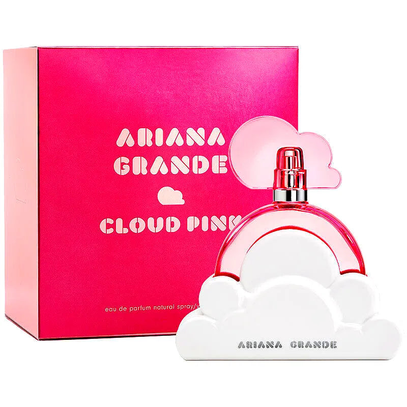 Eau de Parfum Ariana Grande Cloud Pink para mujer, con un suave frasco rosa con una esponjosa tapa en forma de nube.