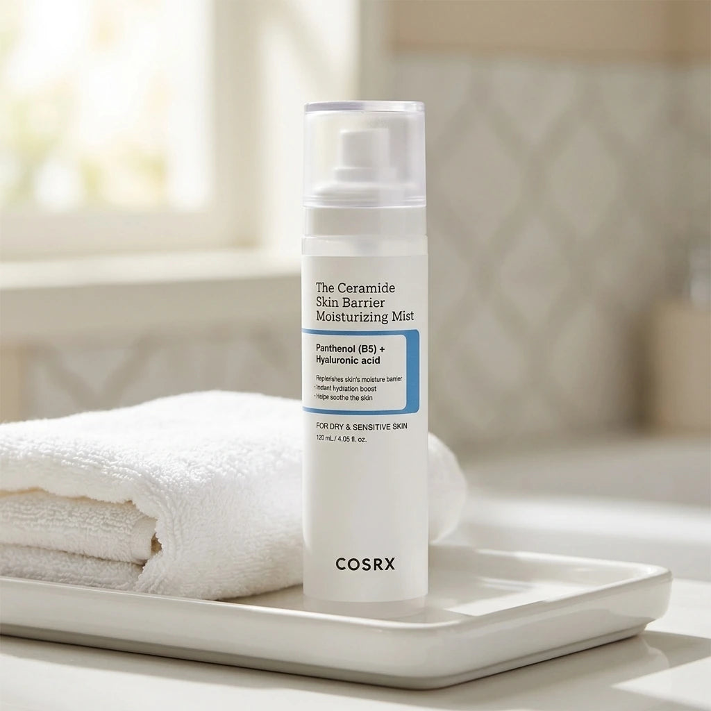 Un visuel e-commerce d'ambiance au format carré 1200x1200px. Le flacon de image_d75062.png est installé élégamment sur une étagère ou un plateau de salle de bain blanc en céramique, à côté d'une serviette de toilette en coton blanc pliée. En arrière-plan flou, une faïence claire et une ambiance lumineuse naturelle créent un cadre moderne et propre, invitant à un moment de soin hydratant et apaisant. (gemini-3.1-flash-image-preview)