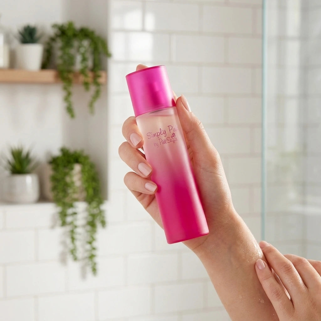 Scène : Photographie de style lifestyle. Une main féminine soignée tient délicatement le flacon "Simply Pink by Pink Sugar", s'apprêtant à l'utiliser après une douche. La main est positionnée naturellement. La lumière est douce et flatteuse.  Angle : Prise de vue à niveau, légèrement oblique.  Fond : Une salle de bain minimaliste floue, avec des carreaux de métro blancs et des plantes vertes. (gemini-3.1-flash-image-preview)