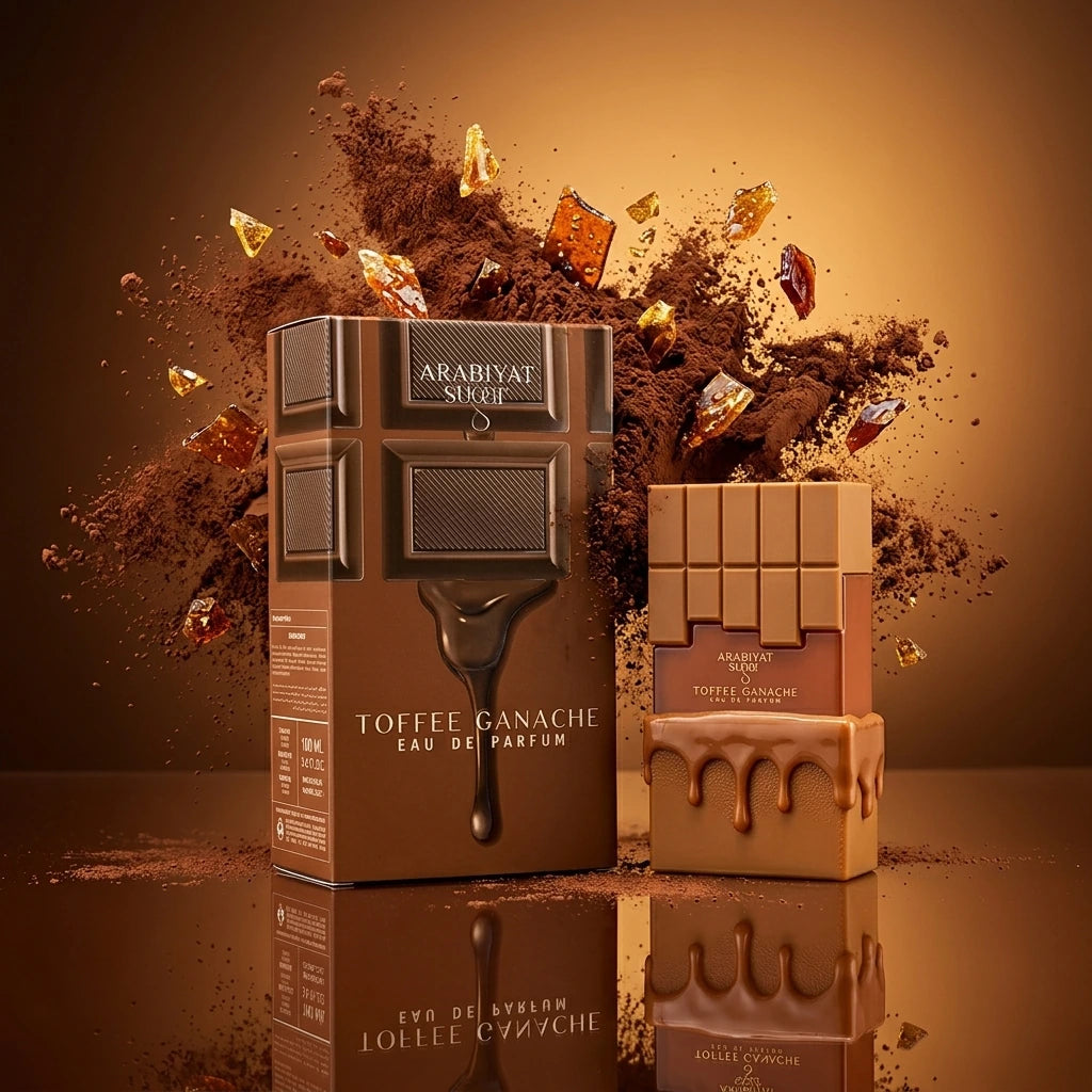 Angle : Vue oblique dynamique à mi-hauteur.  Scène : Le flacon et la boîte sont présentés sur une surface laquée marron ultra-brillante. Au moment de la prise de vue, une explosion graphique et contrôlée de poudre de cacao et d'éclats de caramel croquant fige le mouvement dans l'air tout autour des deux produits.  Fond : Un dégradé studio allant du marron foncé au doré ambré. (gemini-3.1-flash-image-preview)