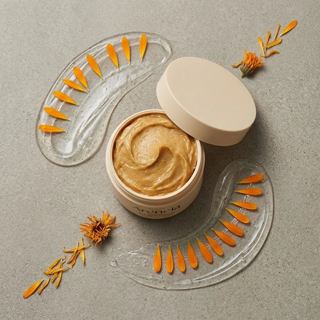 Angle : Nadir parfait (Zénithal à $90^\circ$ - Flat Lay de studio).Scène : Une composition artistique à plat. Le pot est ouvert au centre, dévoilant sa pâte ocre, tandis que son couvercle est disposé de manière géométrique juste à côté. Autour d'eux, une traînée fluide de gel cosmétique transparent et brillant dessine des courbes, accompagnée de pétales de calendula orange disposés en lignes graphiques.Fond & Lumière : Le fond est une plaque de béton ciré gris sable mat. Éclairage de studio très diffus pour