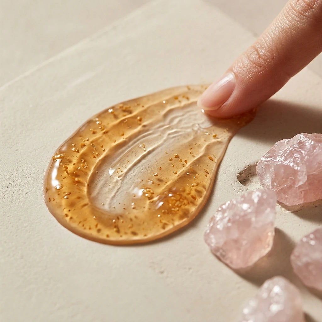 Angle : Gros plan macro très serré, angle incliné à $35^\circ$ vers la texture.Scène : Focus extrême sur une noisette généreuse de gel-sérum translucide et brillant (le sérum ambré texturé de l'image) étalée au doigt sur une dalle de béton ciré crème mat. La texture révèle de minuscules granules ambrées de ginseng en suspension et une finition douce prête à s'émulsionner. Quelques éclats de quartz rose texturés sont pressés à côté de la texture.Fond & Éclairage : Fond minimaliste crème mat. Éclairage rasant
