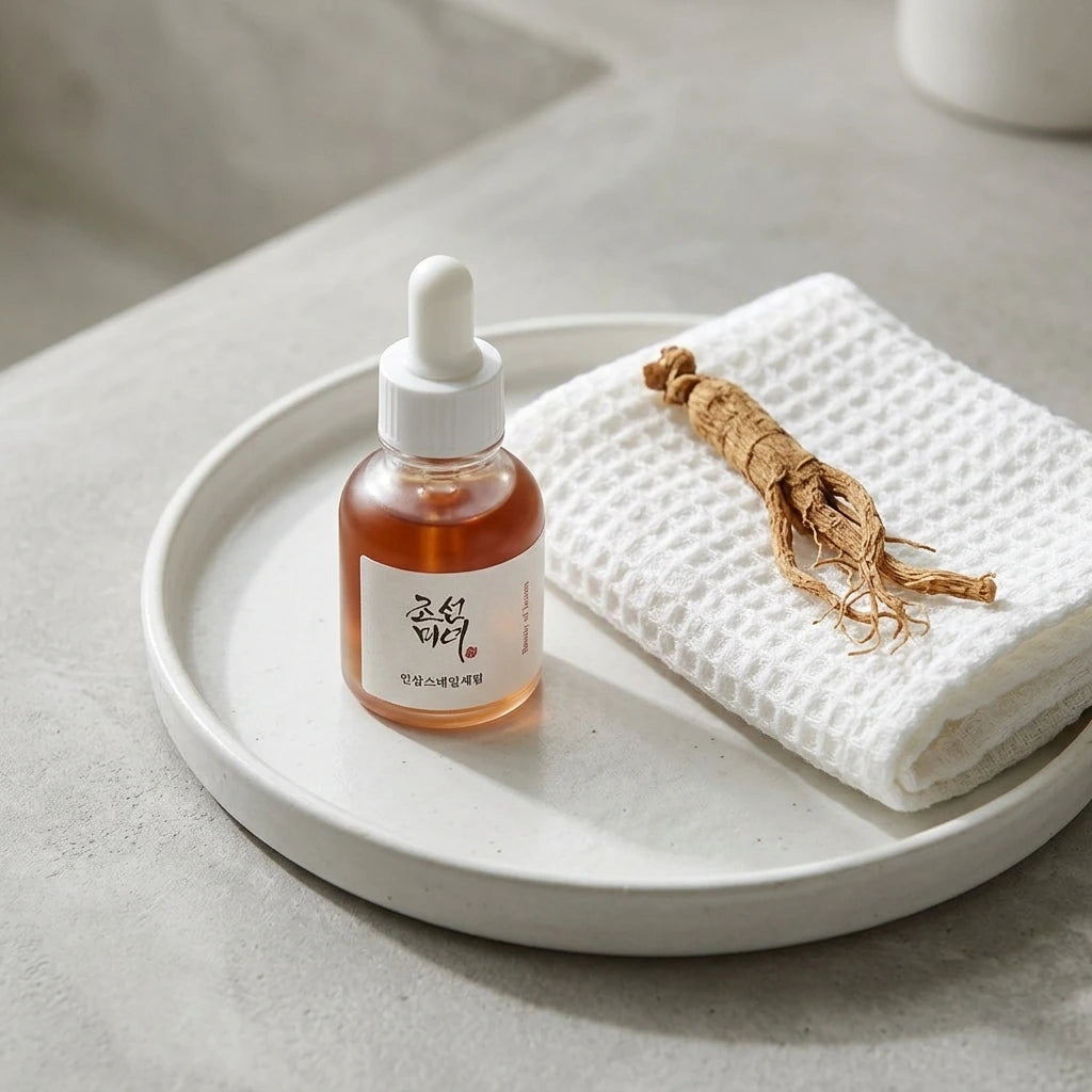 Angle : Vue à $30^\circ$ vers le bas.Scène : Le flacon de l'image est mis en scène sur un plateau rond en céramique mate blanche. À côté du produit, une serviette d'invité en coton nid d'abeille blanche ultra-texturée est pliée proprement, surmontée d'une branche fine de ginseng texturée.Fond & Lumière : Le plateau repose sur une surface en béton ciré gris clair. La lumière est douce, tamisée et diffuse, imitant la clarté du matin à travers une fenêtre de studio. (gemini-3.1-flash-image-preview)