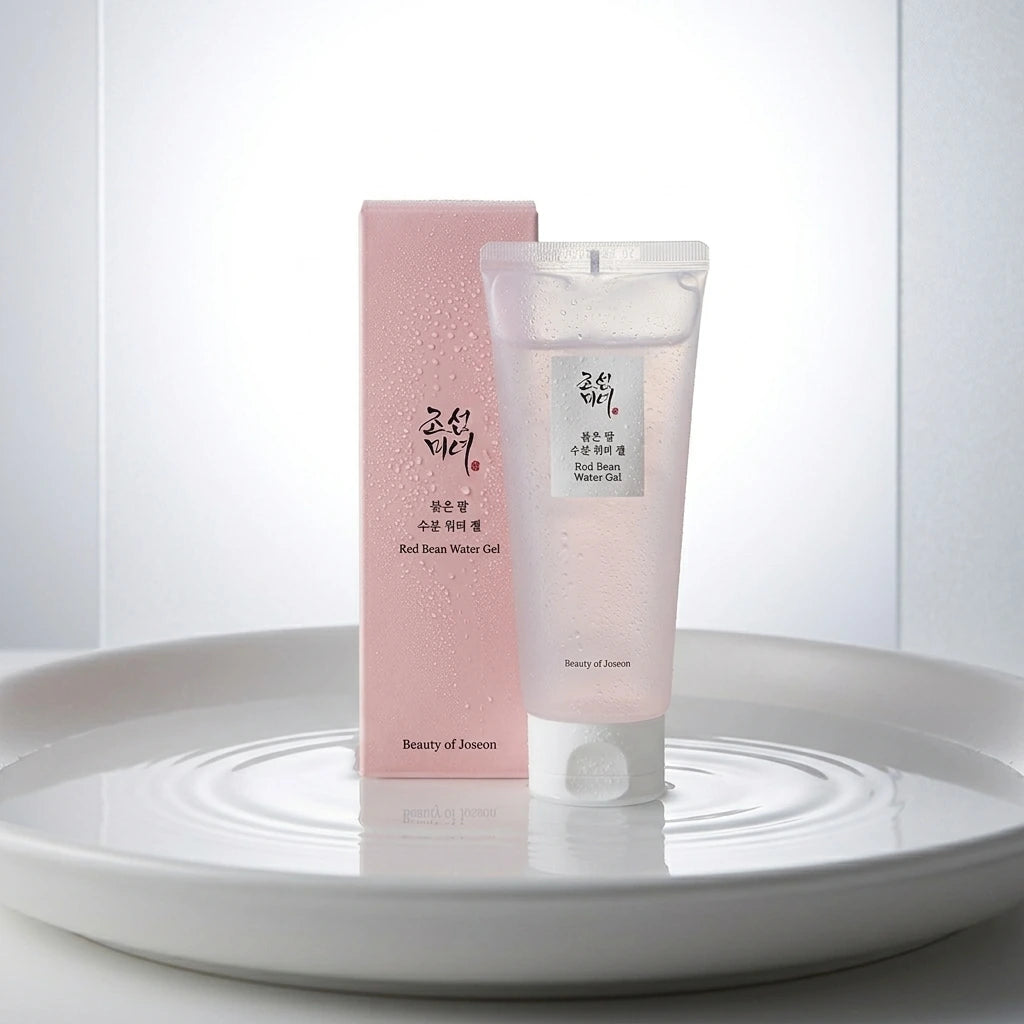 Angle : Prise de vue au ras du support, l'objectif floutant légèrement le premier plan pour un effet immersif.  Scène : Le duo complet de Beauty of Joseon de l'image est posé verticalement au centre de la composition. Ils reposent dans une coupelle en céramique mate blanche, contenant un fin film d'eau cristalline et pure. De subtiles ondulations circulaires entourent sa base. Des micro-gouttelettes de condensation fraîches recouvrent délicatement les parois mates du flacon pour évoquer la fraîcheur immédia