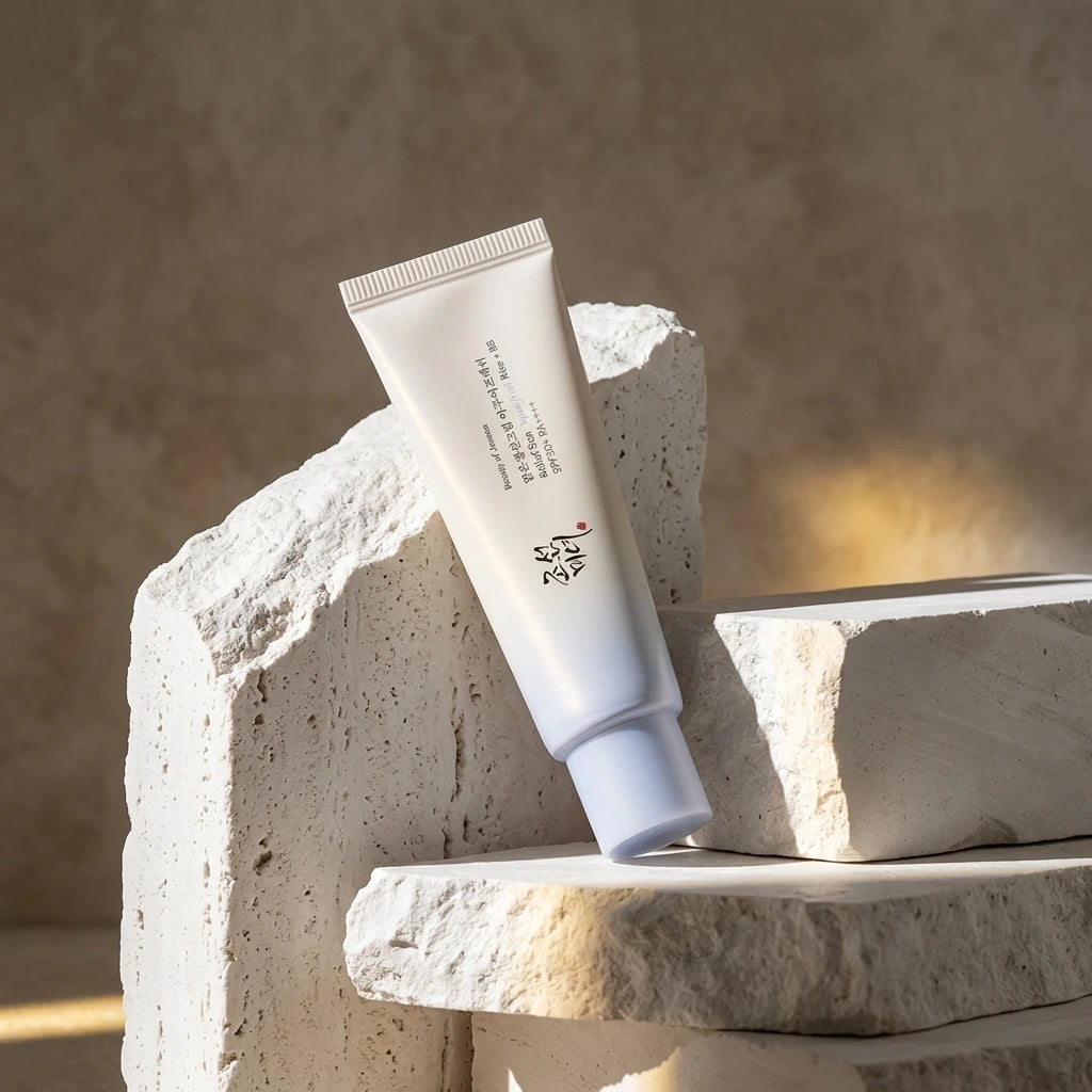Angle : contre-plongée légère  Editorial luxury skincare photography featuring Beauty of Joseon Relief Sun SPF50+ on sculptural white stone blocks, dramatic sunlight, premium beauty campaign, high-end fashion magazine aesthetic, photorealistic cosmetic advertising. (gemini-3.1-flash-image-preview)