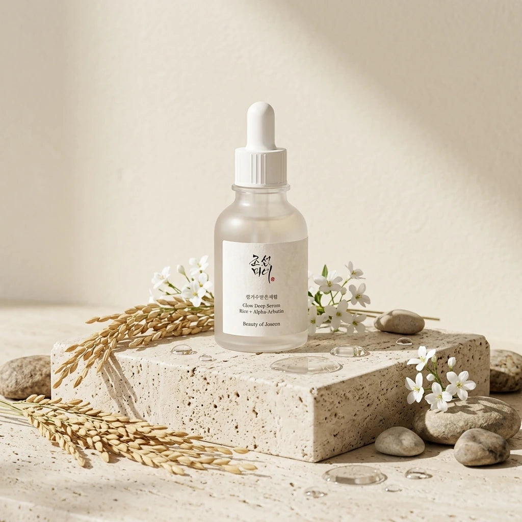 Angle : 45° héro  Le flacon Beauty of Joseon Glow Deep Serum – Rice + Alpha-Arbutin posé sur un socle en travertin clair, entouré d'épis de riz, de fleurs blanches, de gouttes d'eau et de pierres naturelles. Fond crème minimaliste, lumière naturelle du matin, ombres douces, photographie publicitaire ultra réaliste, qualité studio, haute définition. (gemini-3.1-flash-image-preview)