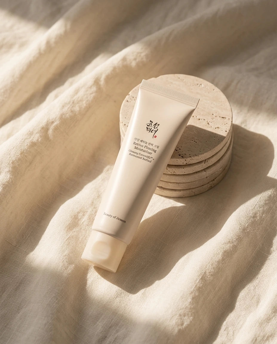 L'Angle : Vue de dessus (flat-lay) structurée et moderne.  Le Fond : Un drap ou une serviette en lin lavé couleur crème, légèrement plissé pour donner du relief.  Le Prompt :  Architectural flat-lay photography of a beige skincare tube placed diagonally on a softly wrinkled cream-colored linen fabric. Beside the tube, a neat stack of neutral-toned stone coasters. Striking but soft morning light creating long, elegant shadows across the fabric. High-fashion cosmetic catalog look, minimal, clean, and calming 