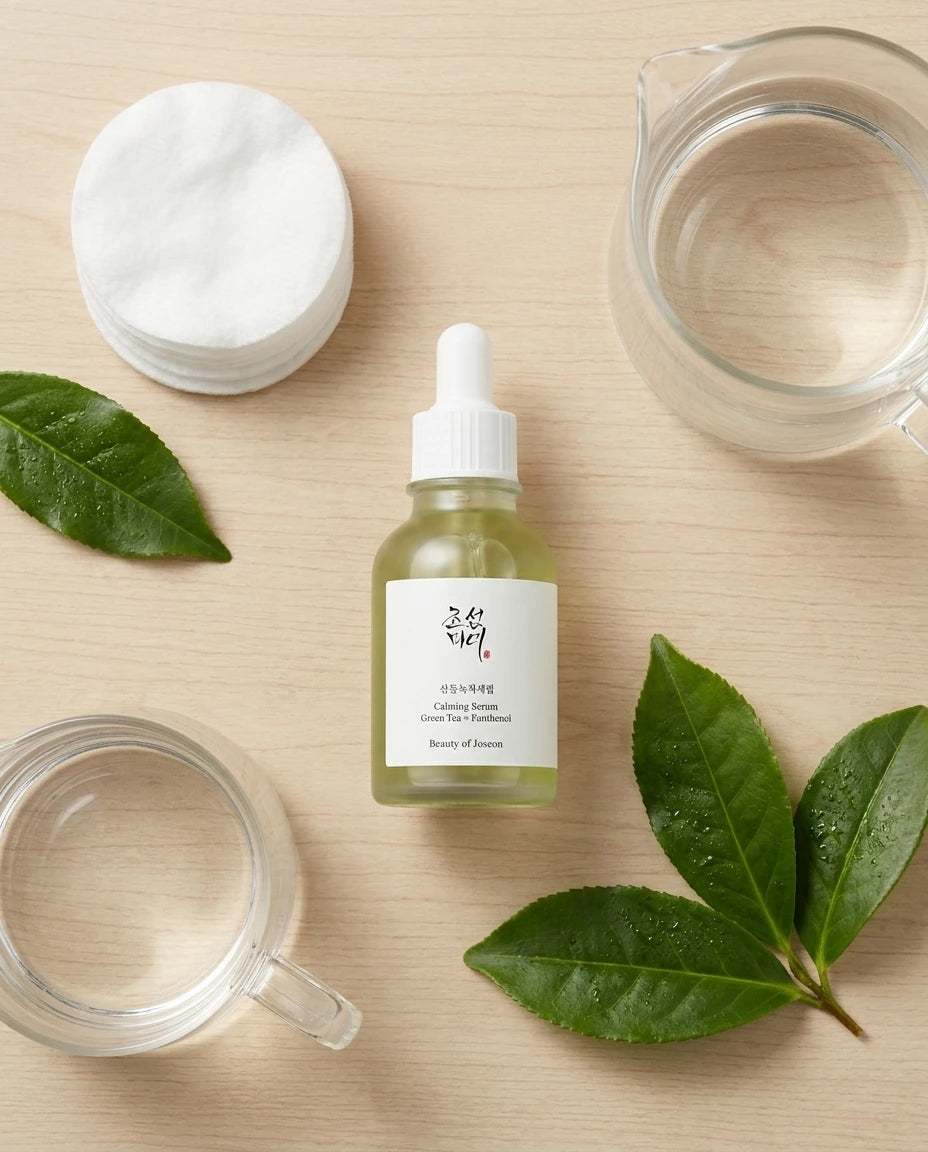 L'Angle : Vue de dessus, à plat (flat lay), mais organisée de manière organique.  Le Fond : Une table en bois clair. La bouteille de sérum est le point focal.  Atmosphère : Apaisant, organisé.  Le Prompt :  Organically arranged flat-lay product photography of a Beauty of Joseon serum bottle (image_1.png) as the central element. It is surrounded by other elements of a calming routine: a stack of clean white cotton rounds, a simple clear glass water pitcher, and a couple of perfect, large fresh green tea leav