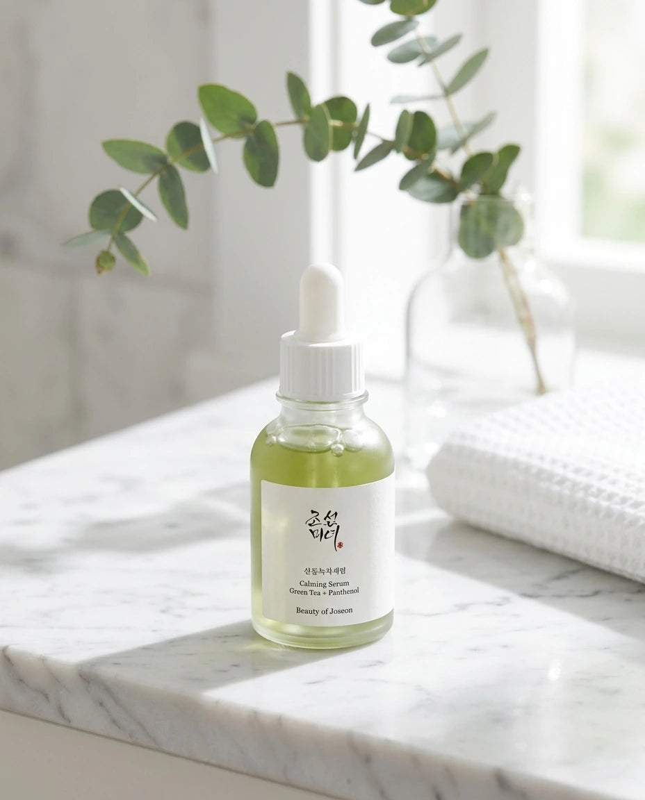L'Angle : Vue de trois-quarts, produit légèrement excentré (règle des tiers).  Le Fond : Un comptoir de lavabo en marbre de Carrare blanc veiné. En arrière-plan flou, une branche d'eucalyptus frais et une serviette en nid d'abeille blanche.  Atmosphère : Lumineux, aéré, propre.  Le Prompt :  Lifestyle product photography of a Beauty of Joseon Calming Serum bottle (image_1.png) on a luxurious white marble countertop in a sun-drenched bathroom. Off-center placement. Background details are soft-focused, featur
