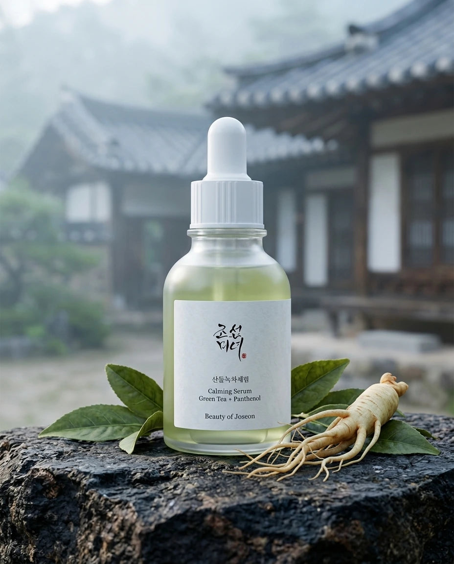 L'Angle : Vue de trois-quarts légèrement en contre-plongée, pour donner de la noblesse au produit.  Le Fond : Une surface en pierre volcanique rugueuse (rappellant l'île de Jeju). La bouteille est entourée de quelques feuilles de thé vert séchées et entières, et d'un petit morceau de racine de ginseng frais (ingrédient secondaire signature).  Atmosphère : Matinal, frais.  Le Prompt :  High-end commercial photography of a Beauty of Joseon Calming Serum bottle (as seen in image_1.png). Low-angle view to give 