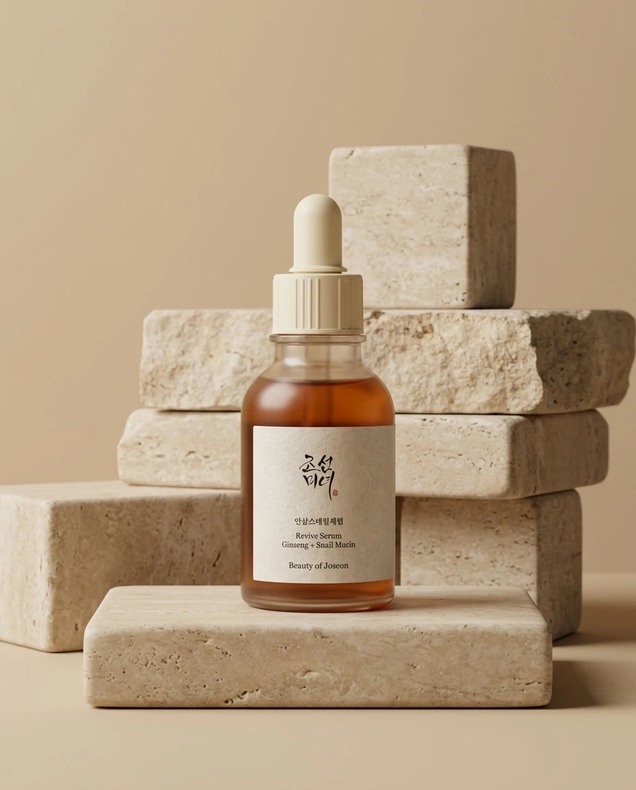 L'Angle : Vue de face (eye-level shot), parfaitement centrée.  Le Fond : Des blocs de pierre calcaire ou de travertin beige beige clair empilés de manière asymétrique, sur un fond monochrome sable.  Le Prompt : > Minimalist e-commerce studio shot of an amber skincare dropper bottle. The product is placed on a smooth beige travertine stone block. Clean, monochromatic sand-colored background. Soft, diffused overhead lighting, clean studio lighting, hyper-realistic glass texture, premium cosmetics branding loo