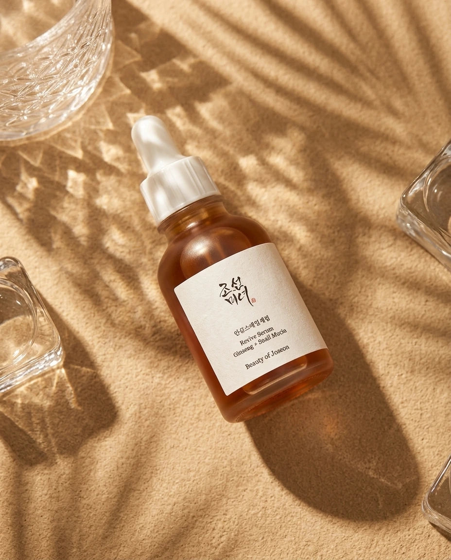 L'Angle : Vue de dessus, en plongée (flat lay), mais avec une perspective créative (par exemple, légèrement de biais pour donner de la dynamique).  Le Fond : Une surface mate texturée couleur sable, avec des jeux d'ombres et de lumière complexes créés par des feuilles (type palme ou eucalyptus) et des objets en verre, simulant une lumière du soleil filtrée.  Le Prompt : > Overhead flat-lay product photography of an amber glass Beauty of Joseon serum bottle on a textured, matte sand-colored surface. Dramatic