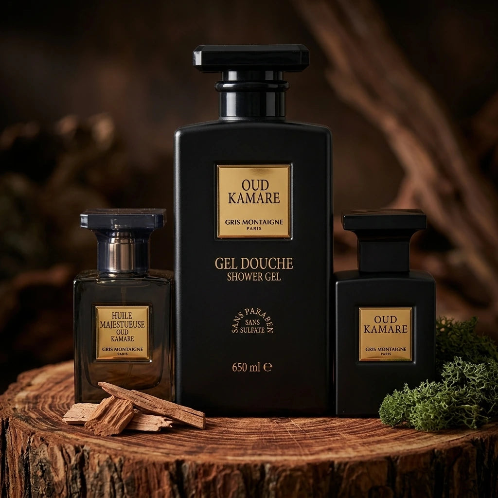 Style : Nature morte, atmosphérique.  Angle : Prise de vue à hauteur de produit, angle légèrement plongeant.  Fond : Une coupe d'une bûche de bois de santal brut, révélant sa texture grainée et chaude.  Produit : Le grand flacon noir opaque de Gel Douche "Oud Kamare" (650 ml) est posé sur le bois de santal. À côté, quelques éclats de cèdre et de la mousse de chêne fraîche, évoquant la profondeur et la persistance des notes de fond.  Lumière : Éclairage de studio pour faire ressortir la texture du bois et du
