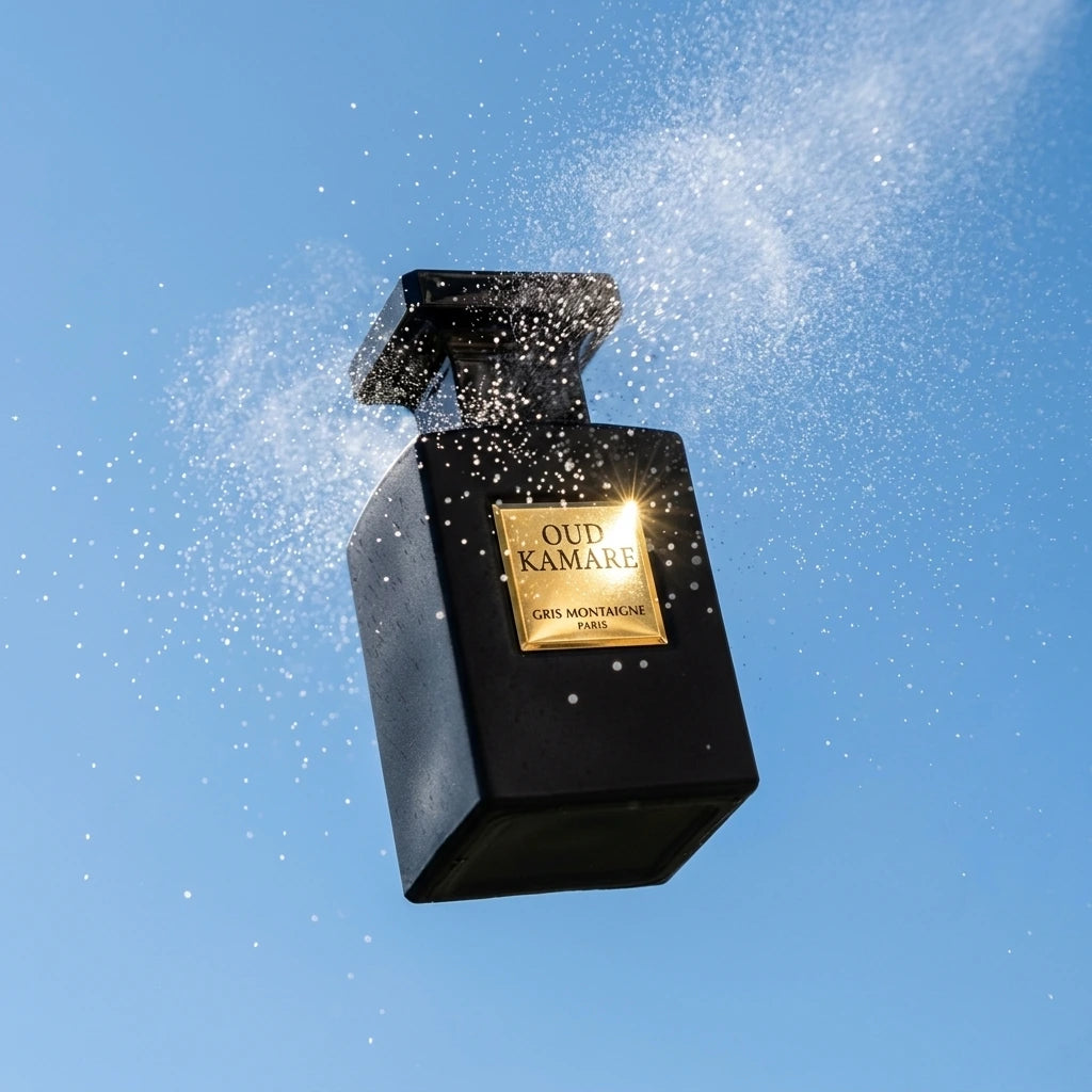 Style : Photographie en mouvement, atmosphérique.  Angle : Prise de vue en contre-plongée, avec un grand angle.  Fond : Un ciel d'été bleu clair et sans nuages.  Produit : Le petit flacon de parfum "Oud Kamare" noir opaque est comme suspendu dans les airs. Une légère brume d'eau est pulvérisée autour du bouchon, avec des particules d'eau fines qui attrapent la lumière, suggérant le moment où le parfum est pulvérisé.  Lumière : Lumière du soleil de midi, vive et directe, pour créer des reflets étincelants su