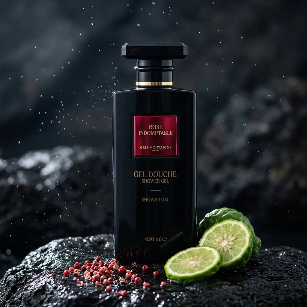 Commercial product photography of a single large 650ml opaque black shower gel bottle with a metallic red label reading "ROSE INDOMPTABLE - GRIS MONTAIGNE PARIS". The bottle is standing alone on a wet, dark volcanic basalt rock surface. In the foreground, fresh slices of green bergamot and scattered crushed pink peppercorns are artfully arranged. Fine water droplets are misting in the air, catching a dramatic side light. Dark, atmospheric, high contrast, clean product focus, e-commerce catalog quality. (gem