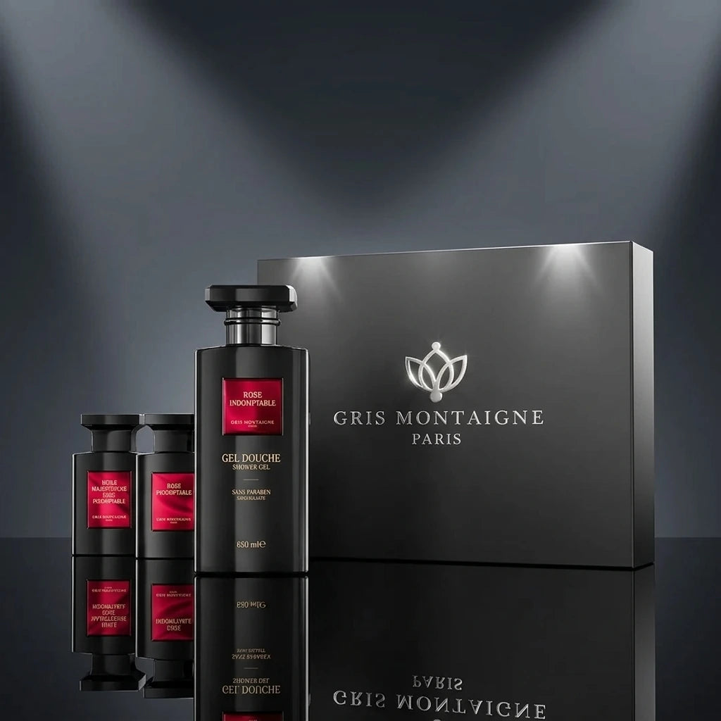 A sleek, minimalist advertising product shot featuring the luxury black closed gift box of "Gris Montaigne Paris" with its iconic silver floral logo shining brightly. Placed directly in front of the box, slightly to the side, is the "Rose Indomptable" black perfume bottle, creating a clean reflection on a glossy black mirror floor. The background is a clean, abstract gradient of dark gray and deep charcoal. Graphic studio lighting with sharp spotlights creates a dramatic halo effect on the packaging. Elegan