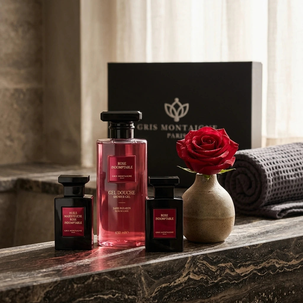 A premium lifestyle e-commerce photograph of the "Rose Indomptable" bath set. On the ledge of a luxurious dark travertine stone bathtub, the black gift box sits elegantly in the soft-focus background next to a rolled charcoal waffle cotton towel. In the foreground, the shower gel bottle and the clear body oil bottle are beautifully highlighted next to a small, handmade matte ceramic vase holding a single, perfect fresh red rose. Natural morning sunlight filtering through a sheer window curtain, creating a r