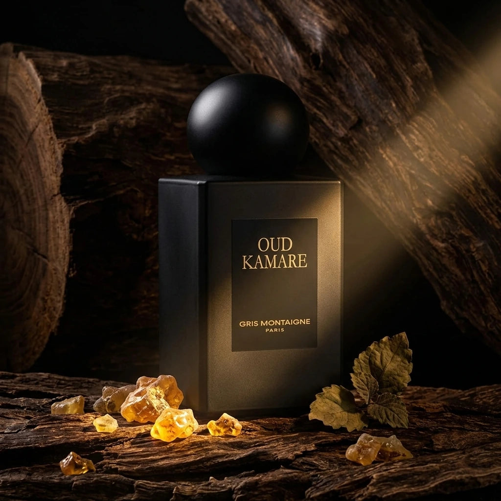 Angle : Légère contre-plongée (vue du bas) pour donner un aspect imposant et précieux au parfum.  Fond : Une bûche massive et brute de bois d'agar (Oud).  Le Prompt à copier :  Une photographie de studio mystérieuse et luxueuse. Le flacon de parfum noir mat "OUD KAMARE" est posé de manière stable sur une écorce texturée de bois de oud sombre aux veines riches. À ses pieds, des morceaux de résine d'ambre dorée et translucide brillent comme des joyaux sous la lumière, à côté de quelques feuilles de patchouli 