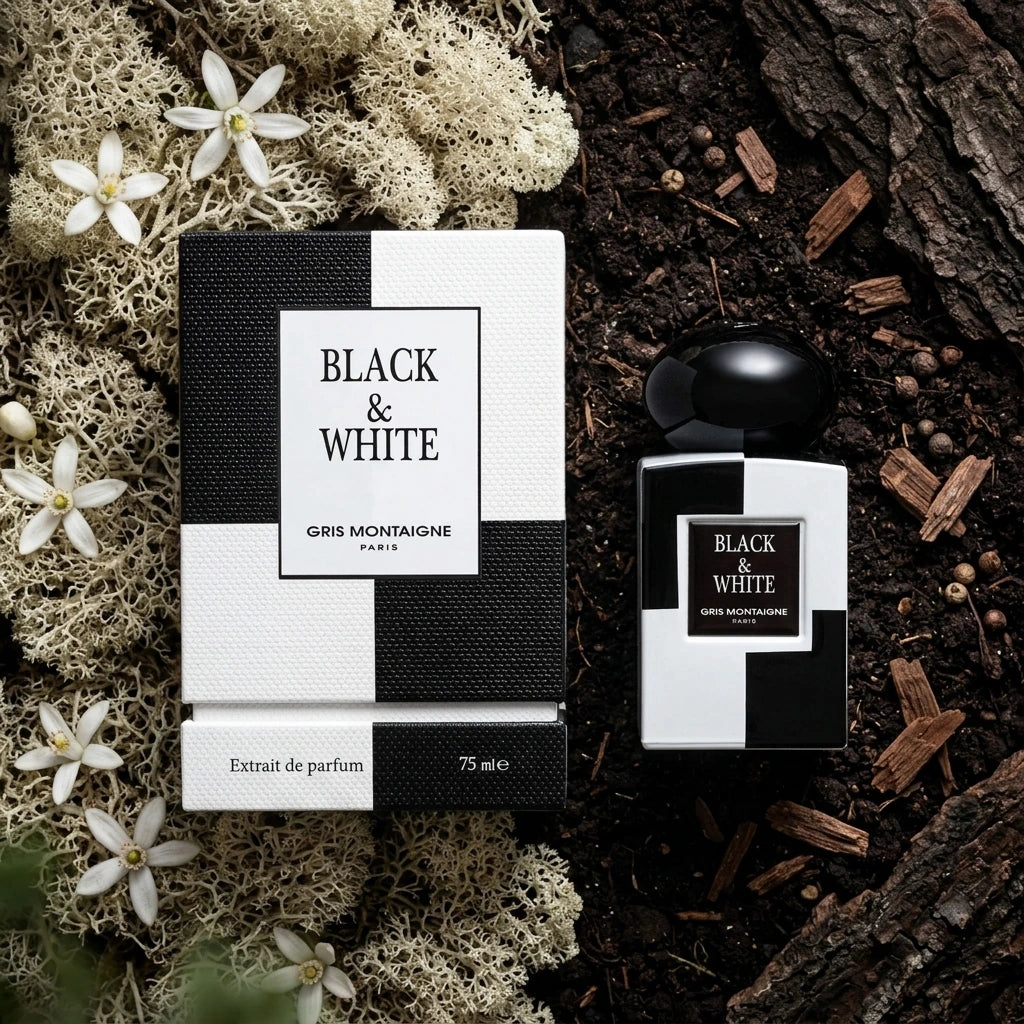 L'idée : Remplacer le fond de studio par un sol forestier bicolore et texturé.  Le Prompt à copier :  Vue de dessus (flat-lay) artistique et forestière. Le flacon et sa boîte à damier "BLACK & WHITE" sont posés côte à côte sur un sol forestier divisé naturellement : une moitié est recouverte de mousse blanche islandaise séchée (lichen), l'autre moitié de terreau noir profond et d'écorces sombres. Les ingrédients du parfum (fleurs blanches, éclats de bois sombre) sont parsemés comme s'ils avaient poussé là. 