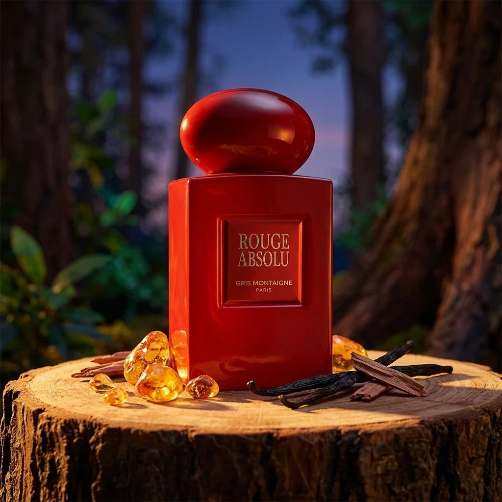 Concept de shooting : Un décor boisé et crépusculaire, mettant en scène la chaleur et la ténacité du sillage.  Le Prompt à copier :  Une photographie publicitaire conceptuelle en légère contre-plongée. Le flacon de parfum rouge brillant "ROUGE ABSOLU" trône majestueusement sur une large section de bûche de bois de santal brut, aux veines chaudes et à l'écorce rugueuse. À sa base, des larmes de résine d'ambre dorée translucide captent la lumière à côté de gousses de vanille noire entières et de quelques écla