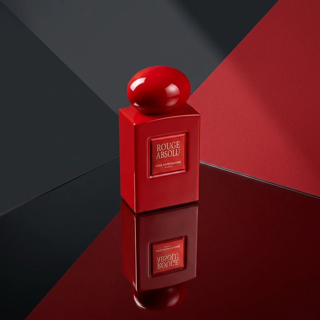 Concept de shooting : Jouer la carte du design contemporain et des reflets du verre laqué.  Le Prompt à copier :  Une photographie de studio moderne et minimaliste. Le flacon rouge laqué "ROUGE ABSOLU" est posé au centre d'une plaque de miroir teintée noire, créant un reflet rouge parfait au sol. L'arrière-plan est un fond abstrait bicolore asymétrique, divisé nettement entre un gris anthracite mat et un rouge carmin texturé. Éclairage publicitaire graphique avec des faisceaux de lumière croisés nets, accen