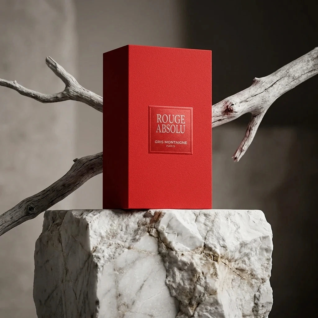 Concept de shooting : Présenter la boîte de luxe comme un objet de design architectural intégré dans des éléments minéraux.  Le Prompt à copier :  Une photographie de produit e-commerce originale et texturée. La boîte premium rigide rouge de la collection "ROUGE ABSOLU", affichant le logo argenté Gris Montaigne Paris, est posée à la verticale sur un bloc monolithique de marbre blanc brut non poli. Une branche fine et graphique de bois blanchi par le temps traverse la composition à l'arrière-plan. Le contras