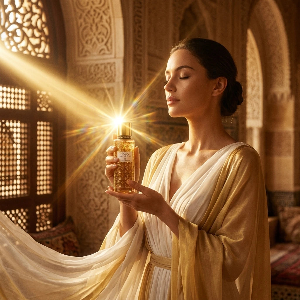Un plan moyen d'un mannequin femme portant une robe de créateur drapée en mousseline de soie blanche et dorée, capturée de trois-quarts face dans un intérieur oriental architectural baigné de lumière dorée. Elle tient le flacon de image_24.png avec grâce près de sa silhouette, les yeux clos dans une expression sereine de bien-être. Un rayon de soleil traverse la pièce et vient frapper le bouchon en or poli de image_24.png, créant un éclat intense et réaliste. Style : Campagne de mode cinématographique. (gem